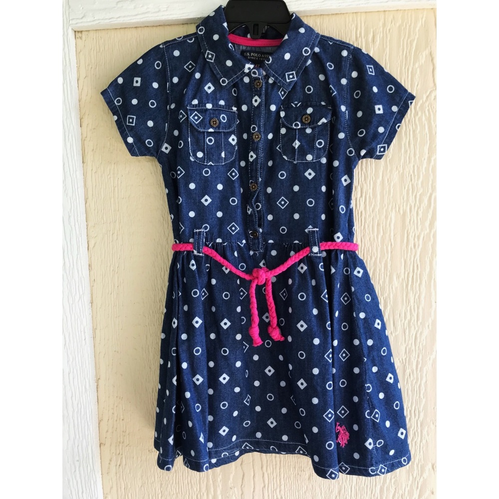 Blue denim dress with pink belt for little girl